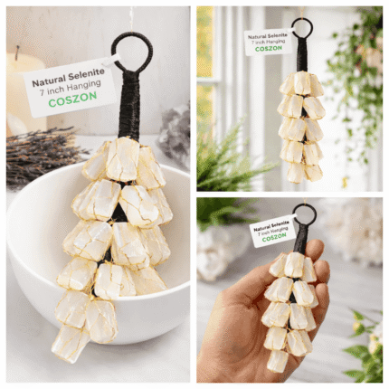 Close-up view of COSZON natural selenite hanging