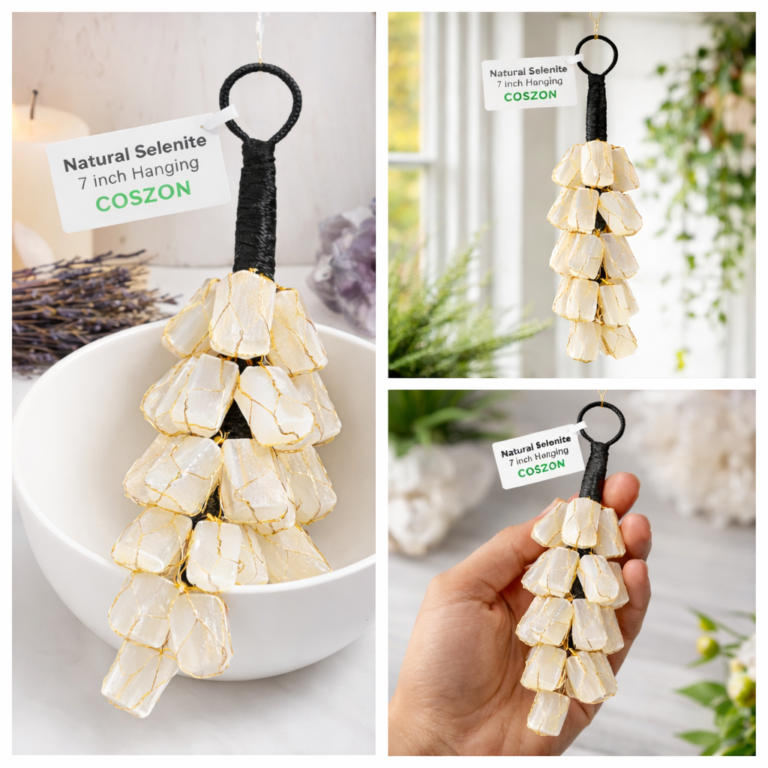 Close-up view of COSZON natural selenite hanging